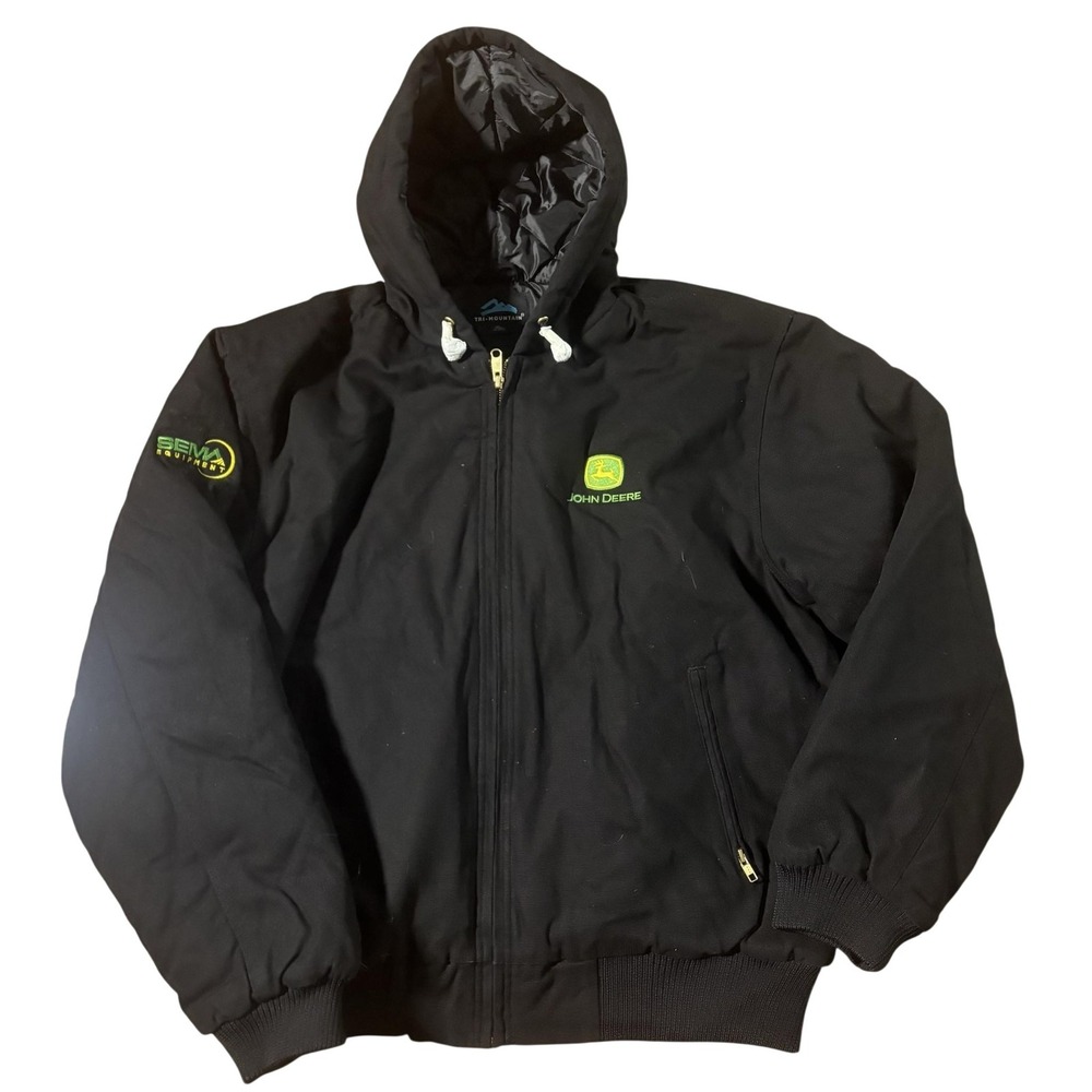 Tri-Mountain Jacket Mens XL Black Hooded Canvas Bomber John Deere Logo Workwear